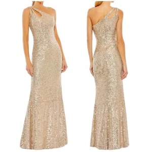 Mac Duggal NWT Sequined Strappy One Shoulder Column Gown Size 10 Gold - Picture 1 of 9