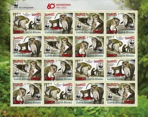 WWF 60th Campbell's Mona MONKEY Red OVERPRINT 16v-Stamp Sheet 2021 Guinea-Bissau - Picture 1 of 1