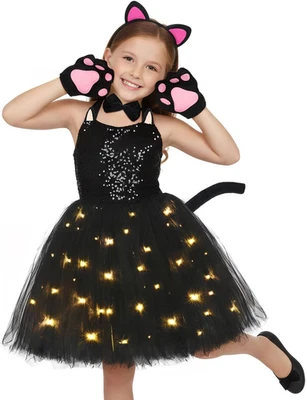 Black Cat Costume for Girls LED Light up Dress with Ears Headband Lavaliere Claw - Image 1 of 4