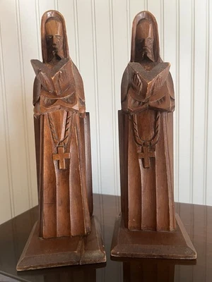 Vintage Hand carved Wood Monks Bookends Religious Praying  - Image 1 of 4