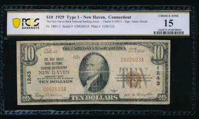 AC 1929 $10 New Haven Bank National Banking Assn, Connecticut Ch# 1243 PCGS 15 - Image 1 of 2