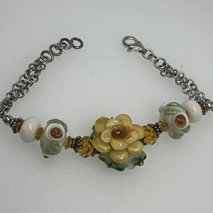 Glass, Crystal, & Sterling Floral Bracelet Orange Gold & Green 7.75” Artisan - Picture 1 of 5