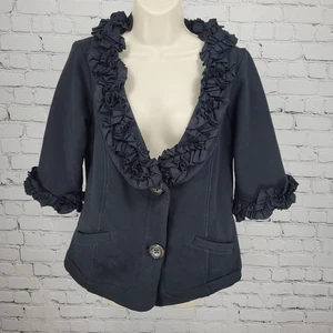 Nick & Mo Nordstrom Black Buttoned Ruffle 3/4 Sleeve Stretch Jacket Large L - Picture 1 of 12