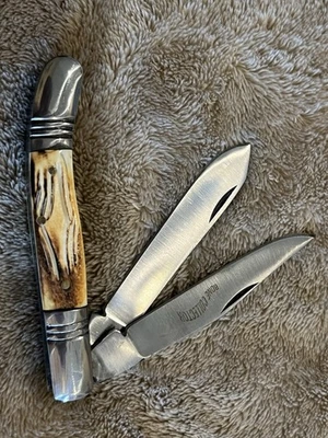 Faca dobrável de bolso para colecionador de ossos 2 lâminas cabo ósseo - Imagem 1 de 4