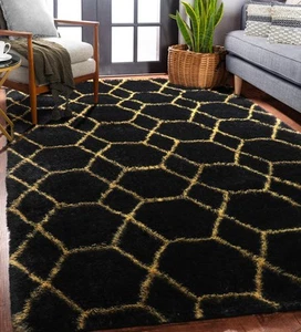 ONASAR Large Fluffy Area Rug for Living Room Bedroom 5x8 Black and Gold Rug Cool - Picture 1 of 9