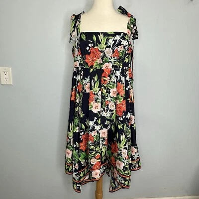 Eliza J. Navy Multicolor Floral Asymmetrical Shoulder Ties Handkerchief Dress 18 - Image 1 of 4