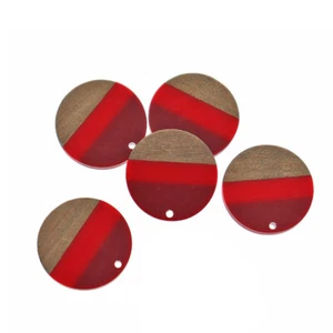 Round Natural Wood and Red Resin Charm 28mm - WP122 - Picture 1 of 2