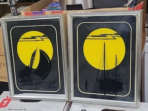 2) Vintage 1970s MCM Sailboats Sun Mirror Picture Wall Intercraft 13×10 frames - Picture 1 of 6