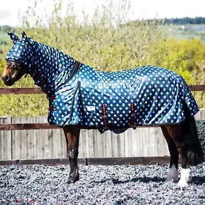 Horse Pony Fly Sheet Rugs Lite Combo Belly Tail Cover Mask Navy White Star - Picture 1 of 5
