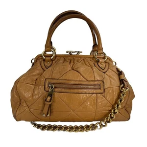 Marc Jacobs Stam Classic Quilted Beige Leather Kiss Lock Satchel Purse Chain - Picture 1 of 17