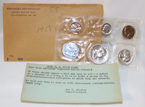 1958 US Mint Silver Proof Set 1c-50c In Envelope with Card 3 Silver Coins Cover