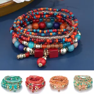 Beaded Turquoise 8Pcs Boho Charm Jewelry Women Gift Bracelet Set Natural Stone - Picture 1 of 16