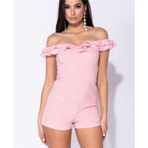 Sexy Damen Off-Shoulder Overall kurz mit Rüschen Rosa #OV451 - Bild 1 von 42
