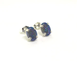 8 x 6 Oval Created Dark Blue Opal Sterling Silver Stud Post Earrings - Picture 1 of 3