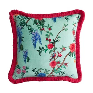 Velvet Cushion Cover Aqua Blue Floral Fringe Square Throw Pillow Decor - Picture 1 of 2