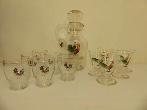 (ref288CH) Vintage Cockerel and Hen Glasses x 6 and Jug - Picture 1 of 11