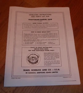 SEARS CRAFTSMAN 9 INCH RADIAL ARM SAW OWNERS MANUAL 103.29310 29310 - Picture 1 of 1
