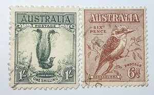1932 6d Brown Laughing Kookaburra and 1/- Lyrbird set - Used F to VF x 1 - Picture 1 of 5