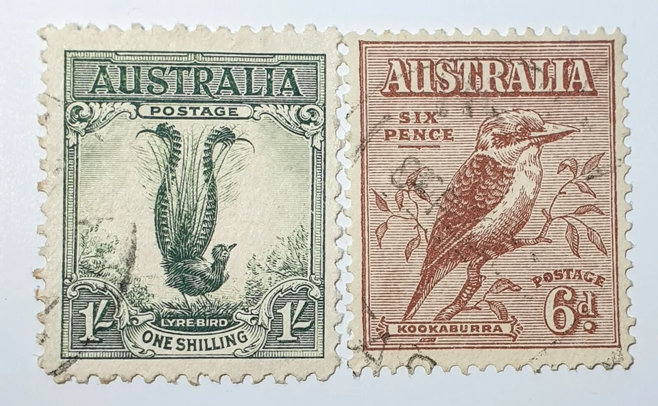 1932 6d Brown Laughing Kookaburra and 1/- Lyrbird set - Used F to VF x 1 - image 1 of 4