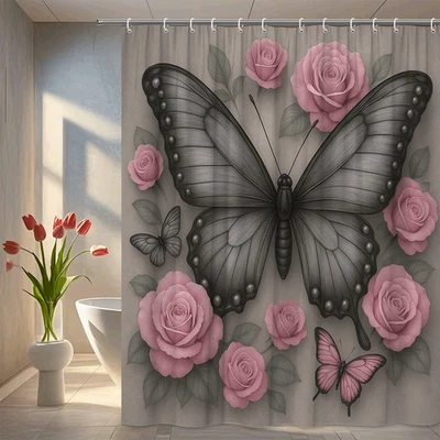 Cortina de ducha floral mariposa negra Foto 1 de 4