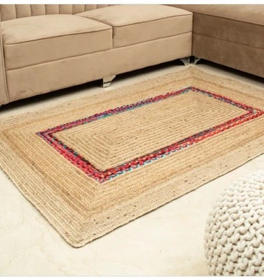 Rug Cotton Jute Hand Braided Area Rug Rectangle Door Floor Mat Indian Rug Carpet - Image 1 of 4