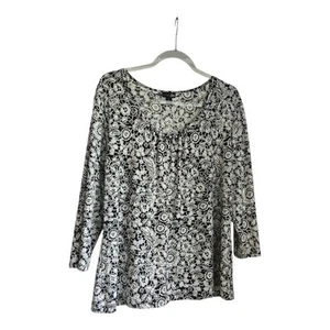 East 5th Womens XL Top Blouse Black White 3/4 Sleeve Floral Stretch Beaded Neck - Picture 1 of 8