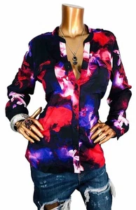 Calvin Klein L Top Tie Dye Floral Print CK Logo Button Up Shirt Long Slv Low Cut - Bild 1 von 12