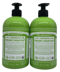 Dr. Bronner's Organic Sugar Soap 24 Oz Lemongrass Lime 2 Pack Lot NEW - Picture 1 of 4