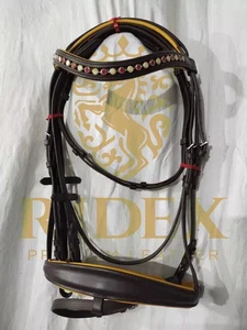 Leather Bridle Designer 2 Color Stone Crystal Browband With Yellow Padding. - Picture 1 of 4