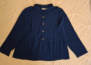 Denim & Co. Women's Large Blue Long Sleeve Button Peplum Shirt Blouse - Picture 1 of 7