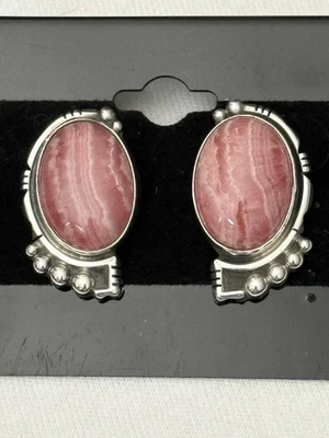 Vintage Native Signed SS Sterling Silver Pink rhodochrosite stud earrings 11.3g - image 1 of 4