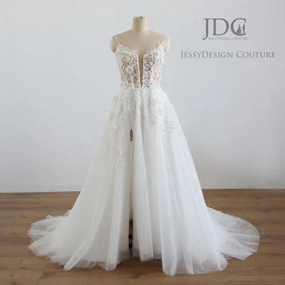 Vestido de noiva 3D flores renda vestido de noiva feito sob medida 2-28W mais pérolas de tule - Imagem 1 de 4