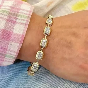 8Ct Emerald Cut Lab Grown Diamond Tennis Bracelet Bezel Set 14K Yellow Gold Over - Picture 1 of 3
