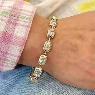 8Ct Emerald Cut Lab Grown Diamond Tennis Bracelet Bezel Set 14K Yellow Gold Over - Image 1 of 3