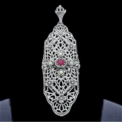 GENUINE RUBY PEARL 925 STERLING SILVER DECO ANTIQUE STYLE FILIGREE PENDANT  #016 - Image 1 of 2