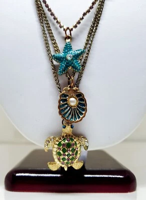 Betsey Johnson Pendant Necklace Starfish Shell Turtle Teal Marked Signed 24" - Image 1 of 4
