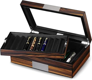 Pen Display Box Ebony Wood Display Case with Glass Window and Tray - Holds up to - Picture 1 of 8