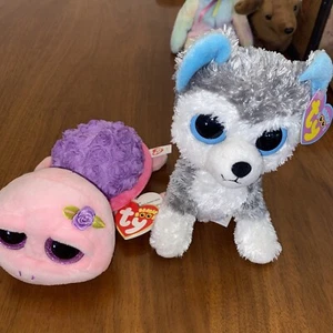 2 TyBeanieBaby 2014 BeanieBoos "Slush" Cute Huskey Puppy. Rosie Turtle  NWT. - Picture 1 of 9