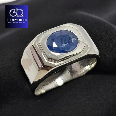 Natural Sapphire Ring Dark Blue Real Sapphire Stone Neelam Stone Ring Shia Rings Foto 1 de 4