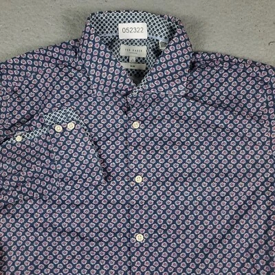 Camisa Ted Baker London Para Hombre 17 Azul Floral Vestido Abotonado Manga Larga Foto 1 de 4