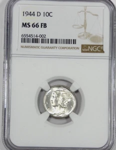 Moneda de diez centavos Mercury 1944-D certificada NGC MS 66 bandas completas plateada 10c - Imagen 1 de 4