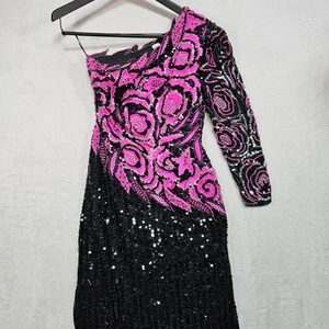 Abito da sfilata vintage Vicky Tiel Paris donna 4 paillettes nero rosa ballo di gala cocktail - Foto 1 di 19
