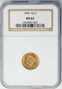 1890 $2 1/2 Gold Liberty $2.5 MS62 NGC 950747-14 - Picture 1 of 5