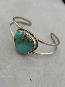 HANDMADE STERLING SILVER & TURQUOISE CUFF BRACELET Unmarked - Picture 1 of 14