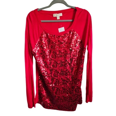 Camiseta de béisbol Michael Kors roja manga larga lentejuelas talla L nueva con etiquetas Foto 1 de 4