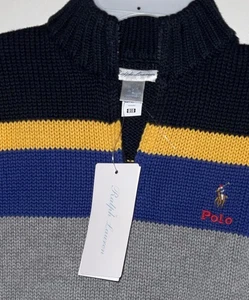 RALPH LAUREN KINDER JUNGEN STRICK BAUMWOLLE GRAU MARINE GESTREIFT 1/4 REISSVERSCHLUSS PULLOVER 24m. Neu mit Etikett - Bild 1 von 12