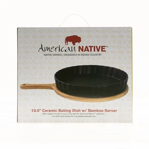 American Native 10.5” Round Baking Dish w/Bamboo Server – Modern Bake/Serve Set - Picture 1 of 4