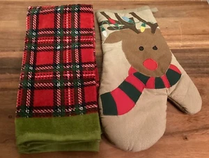 NUEVO SIN ETIQUETAS - Toalla de cocina de Navidad a cuadros y guante de horno de renos - Imagen 1 de 2