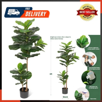 Fiddle Leaf Fig Tree Artificial Plant 4FT Tall Faux Plants Indoor Fake Ficus - Image 1 of 4