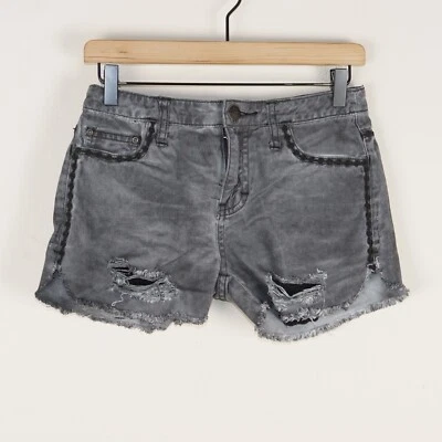 Free People Distressed Applique Trim Black Denim Shorts Womens Sz 25 - Image 1 of 4